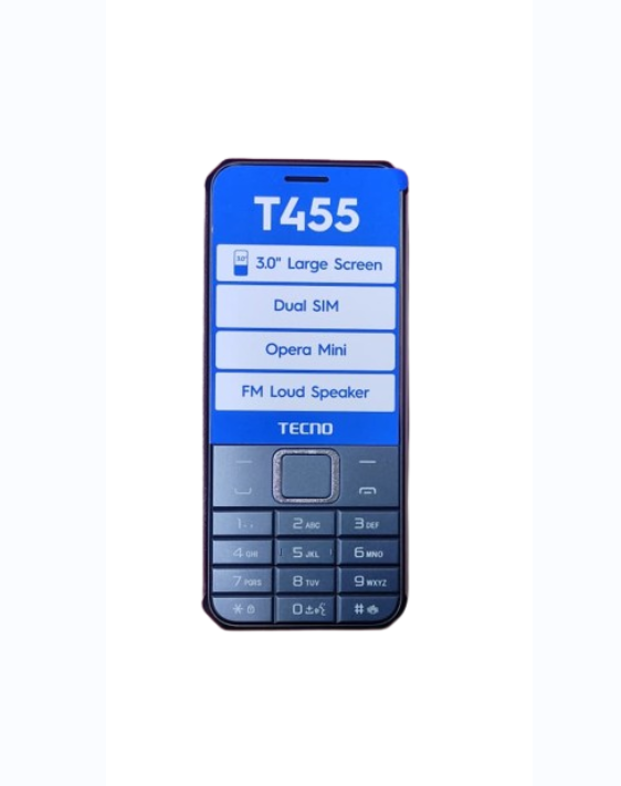 [NEW ARRIVAL] TECNO T455 DUAL SIM CARD LARGE SCREEN 3’’ FM LOUD SPEAKER CAMERA BATTERY CAPACITY 2000 MAH FAST CHARGER TYPE C STORAGE 8MB ROM+8MB RAM BAND NEW KABAMBE/KATULULU BUTTON PHONE ON OFFER