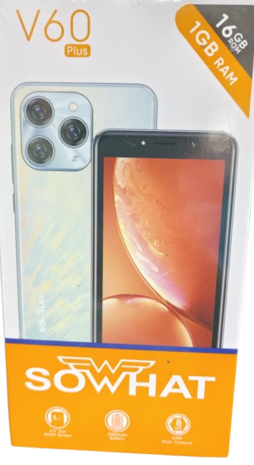 [NEW ARRIVAL] SOWHAT V60 PLUS STORAGE 16GB ROM+1GB RAM SCREEN 5.5’’ BATTERY CAPACITY 3000MAH HD CAMERA REAR 8MP+FRONT 5MP SMART PHONE WITH 1 YEAR WARRANTY ON OFFER