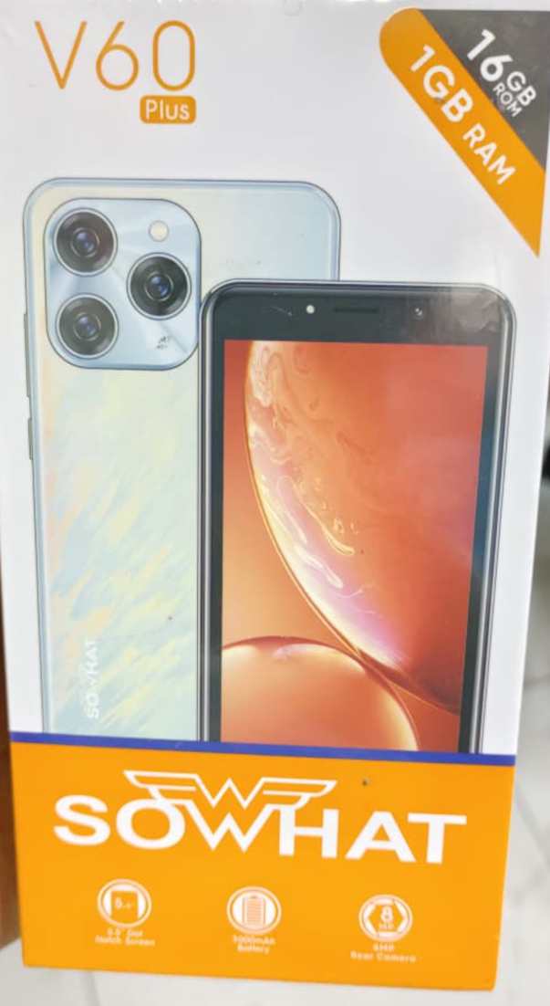 [NEW ARRIVAL] SOWHAT V60 PLUS STORAGE 16GB ROM+1GB RAM SCREEN 5.5’’ BATTERY CAPACITY 3000MAH HD CAMERA REAR 8MP+FRONT 5MP SMART PHONE WITH 1 YEAR WARRANTY ON OFFER