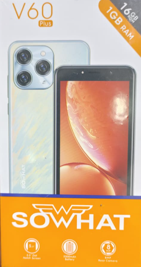 [NEW ARRIVAL] SOWHAT V60 PLUS STORAGE 16GB ROM+1GB RAM SCREEN 5.5’’ BATTERY CAPACITY 3000MAH HD CAMERA REAR 8MP+FRONT 5MP SMART PHONE WITH 1 YEAR WARRANTY ON OFFER