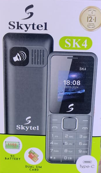 SKYTEL SK4 DUAL SIM CARD BATTERY CAPACITY 1150MAH SCREEN 1.77’’ VIBRATION FM WIRELESS TORCH LIGHT MP3/MP4 FAST CHARGER TYPE-C WARRANTY 1 YEAR KABAMBE KATULULU MULIKA MWIZI FEATURE PHONE BUTTON PHONE
