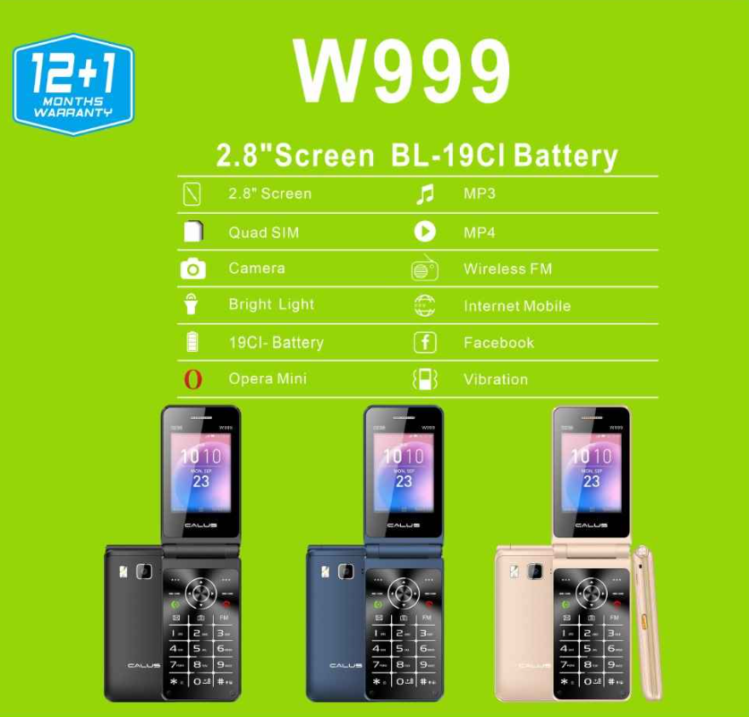 CALUS W999 QUARD SIM FOUR SIM CARD SLOT TYPE-C CHARGER SCREEN 2.8’’ 2500MAH CAMERA TORCH VIBRATION WIRELESS FM RADIO MP3/MP4 FOLD PHONE KABAMBE FLIP PHONE BUTTON MOBILE PHONE