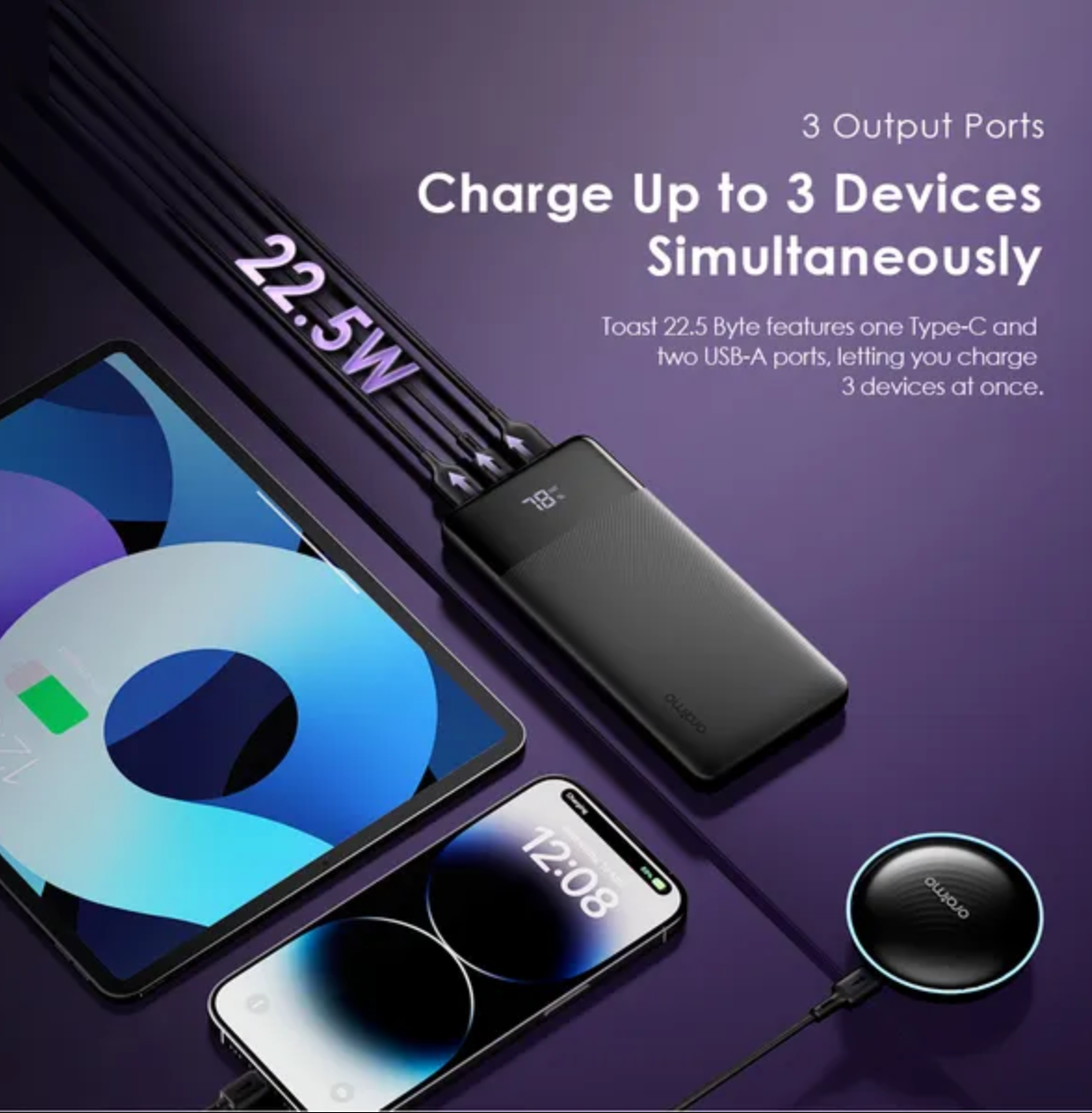 ORAIMO OPB-7100Q TOAST 22.5 SUPER FAST BYTE 10000MAH 22.5W TYPE-C IN & OUT ORIGINAL ORAIMO POWER BANK WITH TYPE-C CABLE