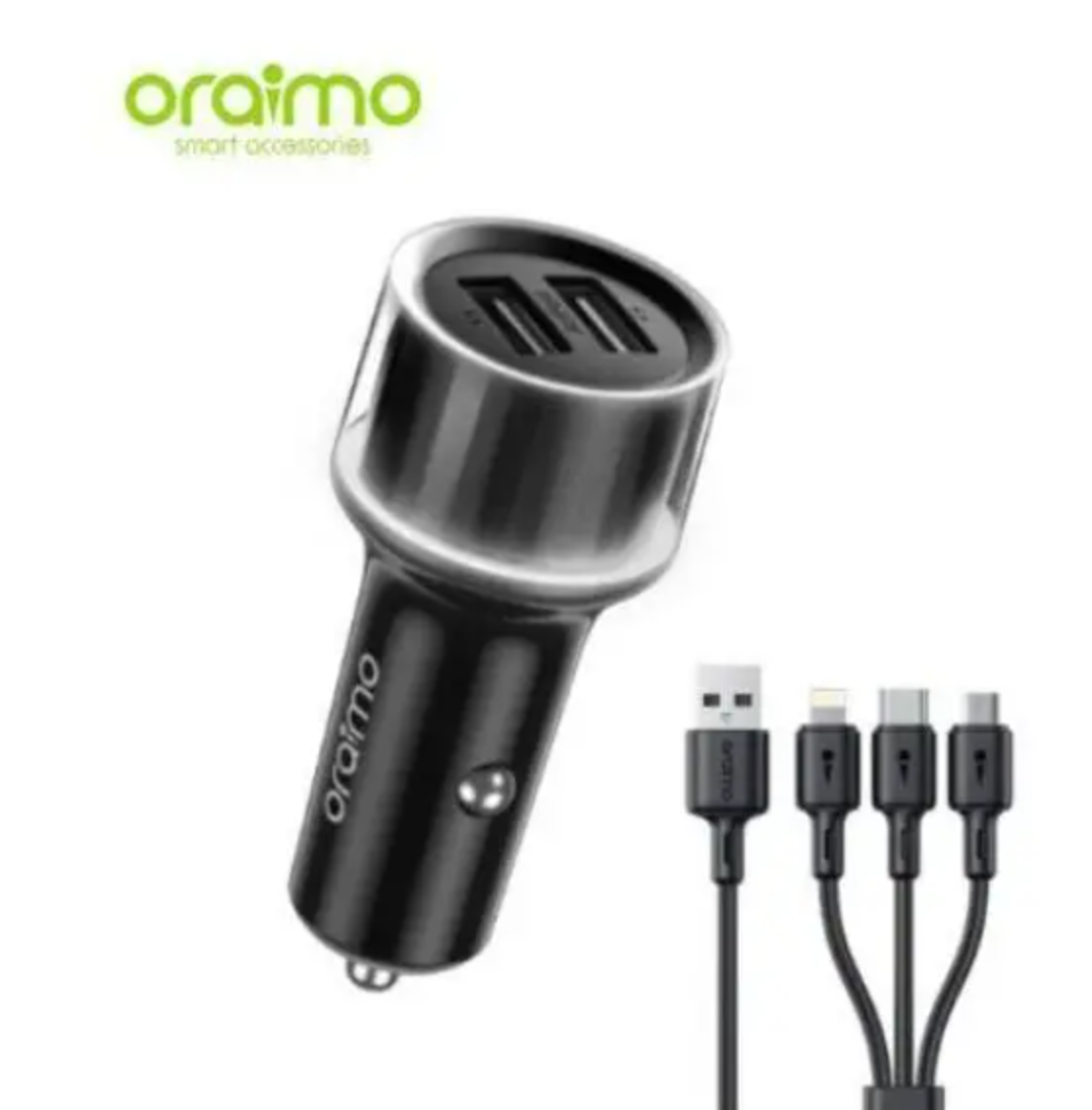 ORIGINAL ORAIMO CAR CHARGER OCC-1152D WITH 3 IN 1 CABLE DUAL USB OUTPUT LED LIGHT RING MULTI-PROTECTION 15.5W ULTRA FAST CHARGE  1 MONTH WARRANTY