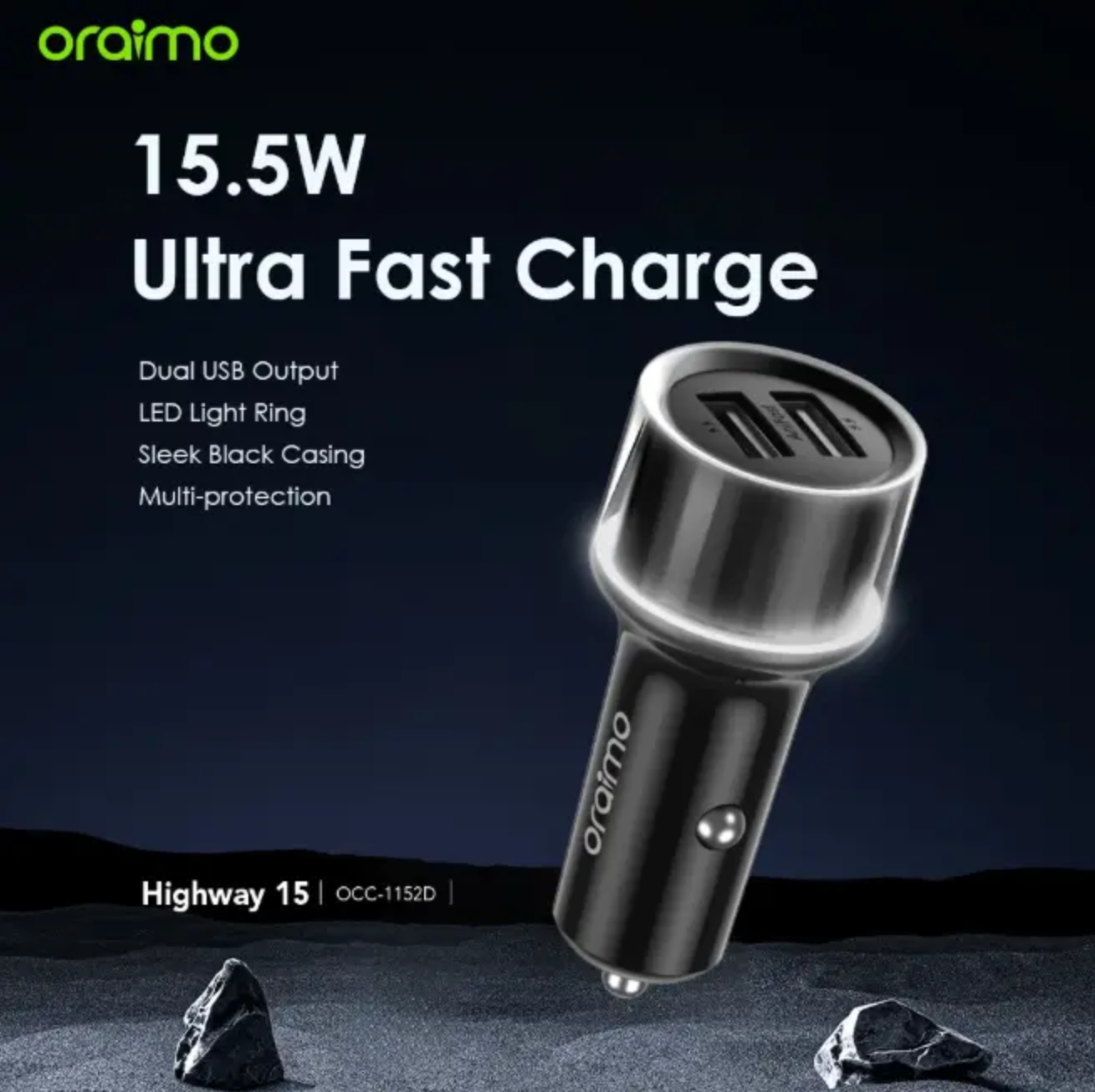 ORIGINAL ORAIMO CAR CHARGER OCC-1152D WITH 3 IN 1 CABLE DUAL USB OUTPUT LED LIGHT RING MULTI-PROTECTION 15.5W ULTRA FAST CHARGE  1 MONTH WARRANTY