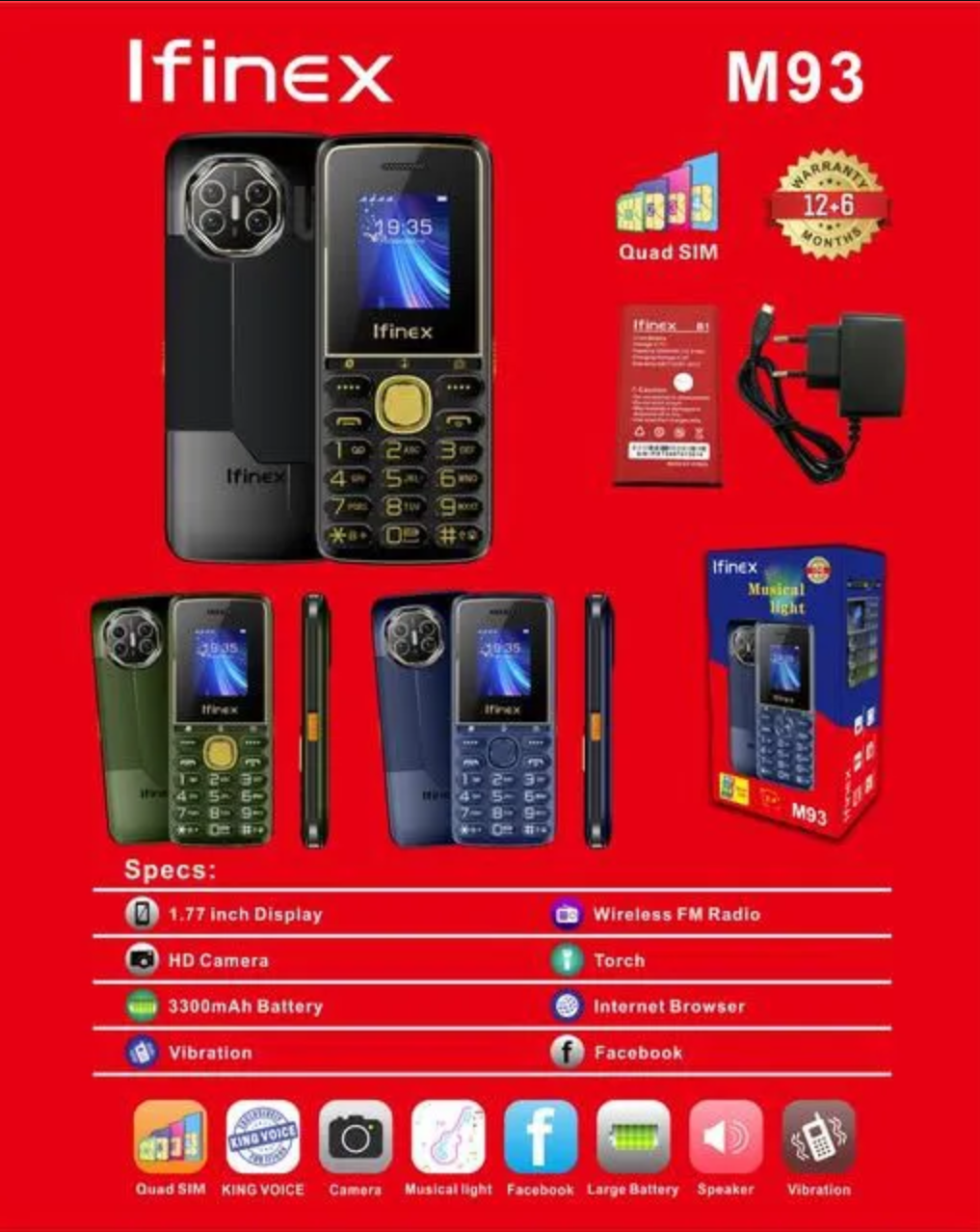 IFINEX M93 QUARD SIM FOUR SIM CARD KING VOICE SCREEN 1.77’’ VIBRATION BIG BATTERY 3300MAH LED TORCH FACEBOOK FM WIRELESS HD CAMERA 1 YEAR WARRANTY KABAMBE/MULIKA MWIZI BUTTON MOBILE PHONE ON OFFER