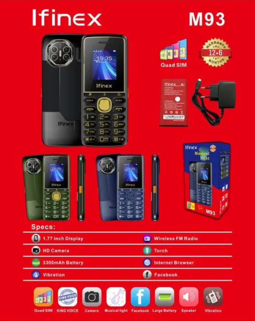 IFINEX M93 QUARD SIM FOUR SIM CARD KING VOICE SCREEN 1.77’’ VIBRATION BIG BATTERY 3300MAH LED TORCH FACEBOOK FM WIRELESS HD CAMERA 1 YEAR WARRANTY KABAMBE/MULIKA MWIZI BUTTON MOBILE PHONE ON OFFER