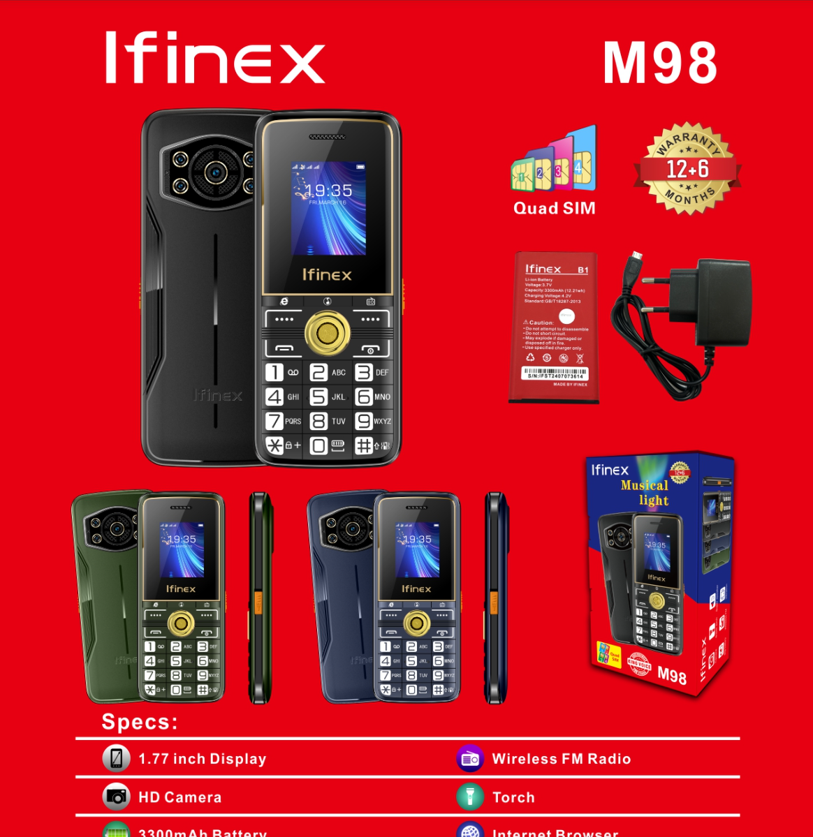 [NEW ARRIVAL] IFINEX M98 SCREEN 1.77’’ HD CAMERA WIRELESS FM TORCH BIG BATTERY 3300MAH FOUR SIM CARD SLOT KABAMBE MULIKA MWIZI BUTTON PHONE ON OFFER
