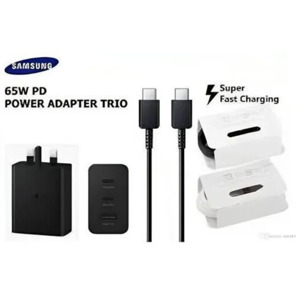 ORIGINAL SAMSUNG CHARGER 65W POWER ADAPTER TRIO WITH TYPE C TO C CABLE 3 PORTS (65W,45W USB-C, 25W USB-A) SAMSUNG FAST CHARGER 65 WATTS ON OFFER