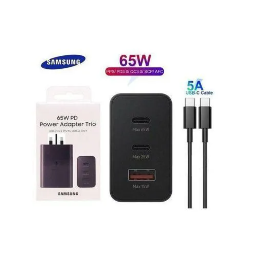 ORIGINAL SAMSUNG CHARGER 65W POWER ADAPTER TRIO WITH TYPE C TO C CABLE 3 PORTS (65W,45W USB-C, 25W USB-A) SAMSUNG FAST CHARGER 65 WATTS ON OFFER