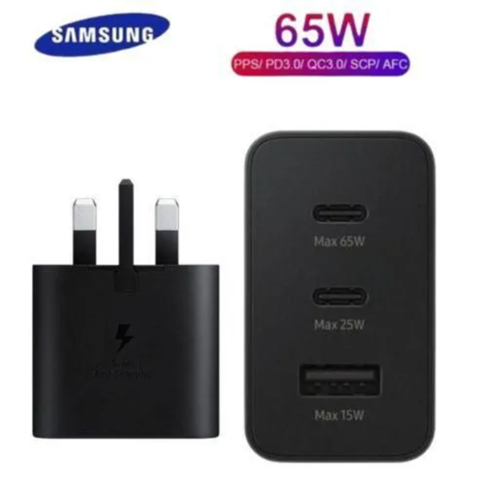 ORIGINAL SAMSUNG CHARGER 65W POWER ADAPTER TRIO WITH TYPE C TO C CABLE 3 PORTS (65W,45W USB-C, 25W USB-A) SAMSUNG FAST CHARGER 65 WATTS ON OFFER