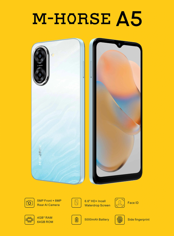 [NEW ARRIVAL] SMART PHONE M-HORSE A5 64GB ROM+4GB RAM SIDE FINGERPRINT 6.6’’ HD+INCELL WATERDROP SCREEN BATTERY 5000MAH 5MP FRONT+8MP REAR AI CAMERA FACE ID USB TYPE C ON OFFER