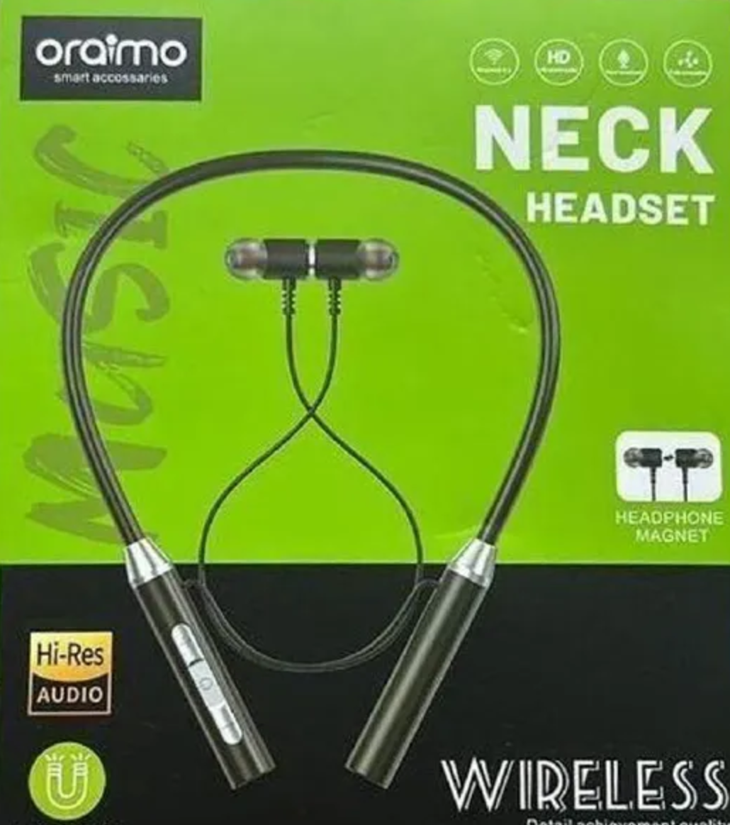 ORAIMO WIRELESS NECK HEADSET BLUETOOTH SPORTS EARPHONES WITH DEEP BASS, IPX5 WATERPROOF NECKLACE EARPHONES 5 HOURS PLAYTIME MAGNETIC HEADPHONE CHARGING BOX BATTERY