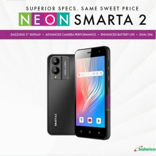 NEON SMARTA 2 SAFARICOM SMART PHONE SCREEN 5.5" 2GB RAM + 32GB ROM CAMERA 8MP REAR +2MP FRONT BATTERY 3500MAH DUAL SIM SAFARICOM SIM CARD ONLY SMARTPHONE ON OFFER