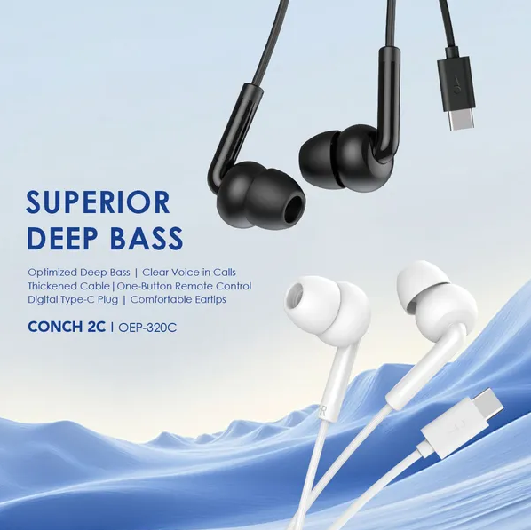 ORIGINAL ORAIMO EARPHONES CONCH 2C OEP-320C CLEAR IN CALLS COMFORTABLE EARTIPS THICKENED CABLE DIGITAL TYPE-C PLUG 1.2M CABLE LENGTH IN-EAR EARPHONE ONLY FOR DEVICES WITH TYPE-C PORT