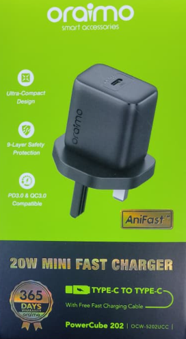 ORIGINAL ORAIMO POWERCUBE 202 OCW-5202UCC 20W WALL MINI FAST CHARGER TYPE-C TO TYPE-C  WITH FREE CHARGING CABLE WITH 1 YEAR WARRANTY