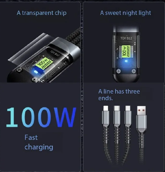 3-IN-1 100W FAST CHARGING USB TO TYPE-C MICRO FAST CHARGER CABLE TRANSPARENT DIGITAL DISPLAY LONG 3 IN 1 FAST CHARGER