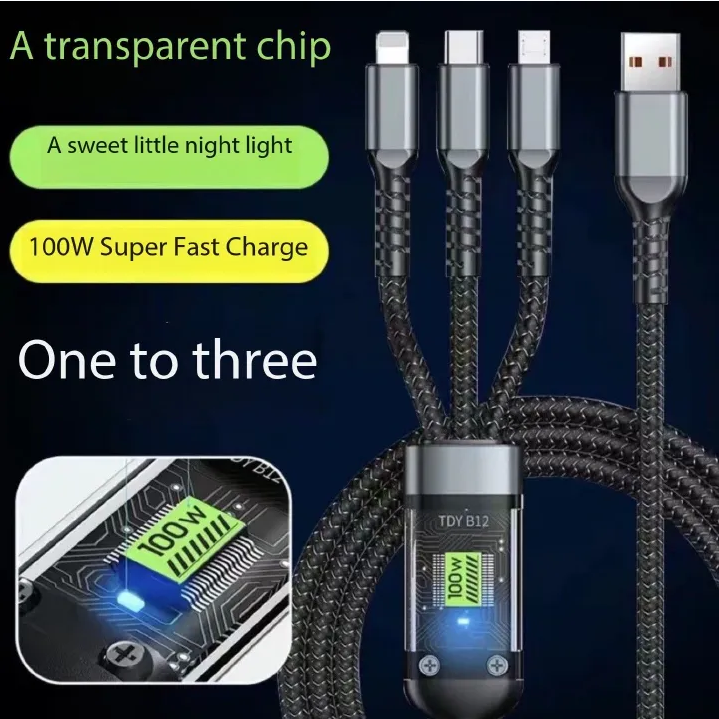 3-IN-1 100W FAST CHARGING USB TO TYPE-C MICRO FAST CHARGER CABLE TRANSPARENT DIGITAL DISPLAY LONG 3 IN 1 FAST CHARGER