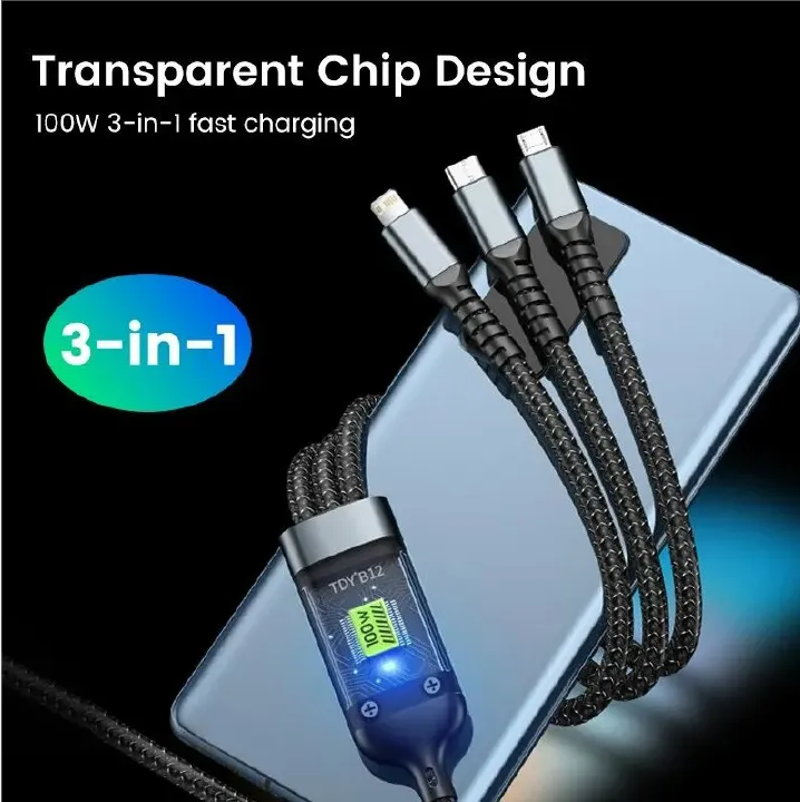 3-IN-1 100W FAST CHARGING USB TO TYPE-C MICRO FAST CHARGER CABLE TRANSPARENT DIGITAL DISPLAY LONG 3 IN 1 FAST CHARGER