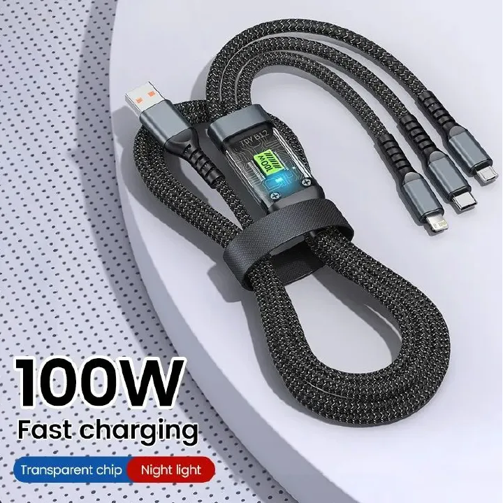 3-IN-1 100W FAST CHARGING USB TO TYPE-C MICRO FAST CHARGER CABLE TRANSPARENT DIGITAL DISPLAY LONG 3 IN 1 FAST CHARGER