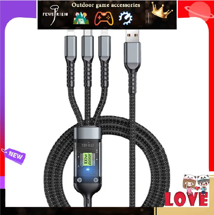 3-IN-1 100W FAST CHARGING USB TO TYPE-C MICRO FAST CHARGER CABLE TRANSPARENT DIGITAL DISPLAY LONG 3 IN 1 FAST CHARGER