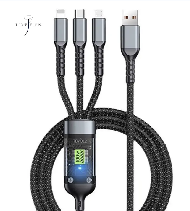 3-IN-1 100W FAST CHARGING USB TO TYPE-C MICRO FAST CHARGER CABLE TRANSPARENT DIGITAL DISPLAY LONG 3 IN 1 FAST CHARGER