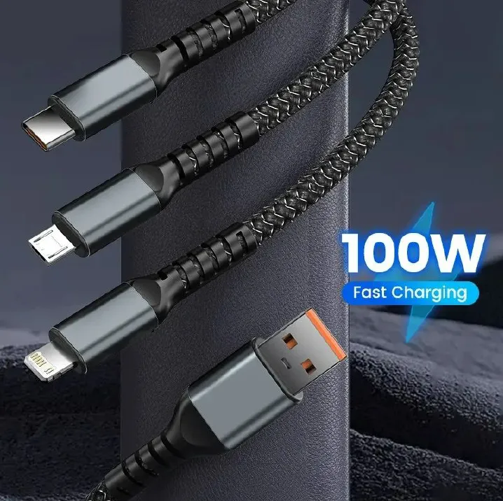 3-IN-1 100W FAST CHARGING USB TO TYPE-C MICRO FAST CHARGER CABLE TRANSPARENT DIGITAL DISPLAY LONG 3 IN 1 FAST CHARGER