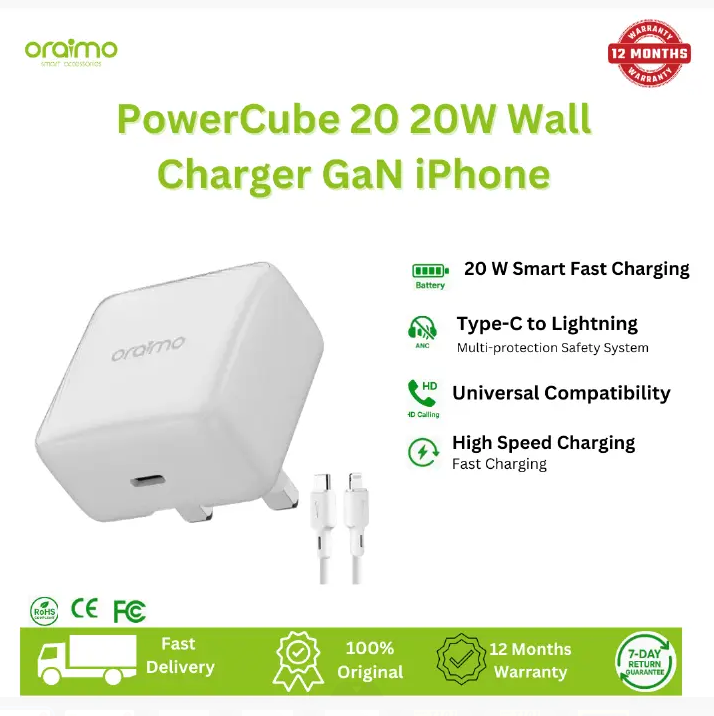 ORIGINAL ORAIMO CHARGER 20W GAN FASTER POWERCUBE 20 CHIC FOLDABLE PLUG ORAIMO FASTER CHARGER TYPE-C TO TYPE-C 1 YEAR WARRANTY