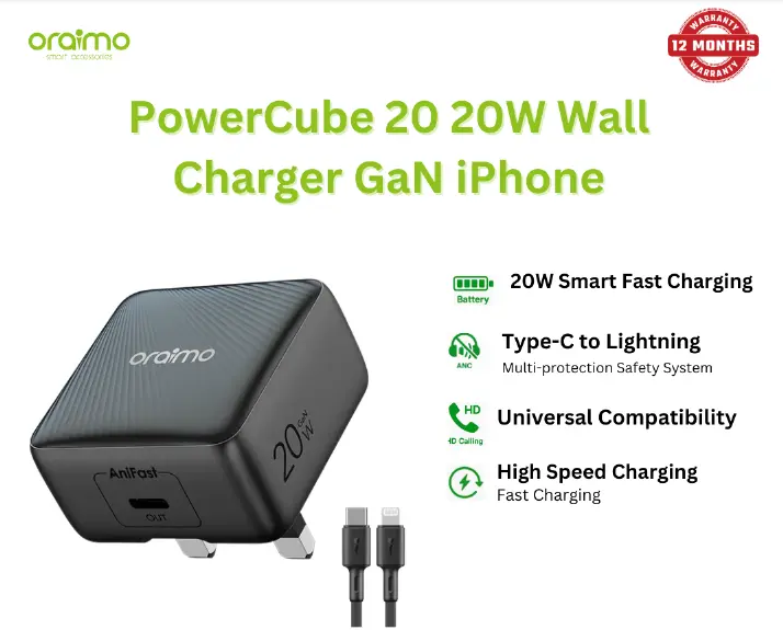 ORIGINAL ORAIMO CHARGER 20W GAN FASTER POWERCUBE 20 CHIC FOLDABLE PLUG ORAIMO FASTER CHARGER TYPE-C TO TYPE-C 1 YEAR WARRANTY