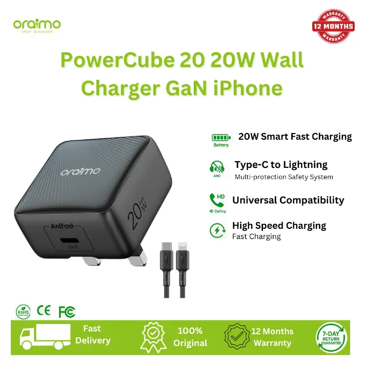 ORIGINAL ORAIMO CHARGER 20W GAN FASTER POWERCUBE 20 CHIC FOLDABLE PLUG ORAIMO FASTER CHARGER TYPE-C TO TYPE-C 1 YEAR WARRANTY