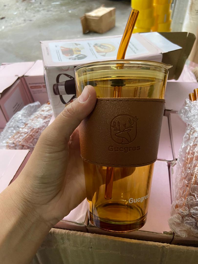 Thick Glass Mug Heat-Resistant 450ml Deer Coffee Cup Water Bottle  Milk Juice Cup Drinkware Travel Sealed Non-slip Set Straw Mug