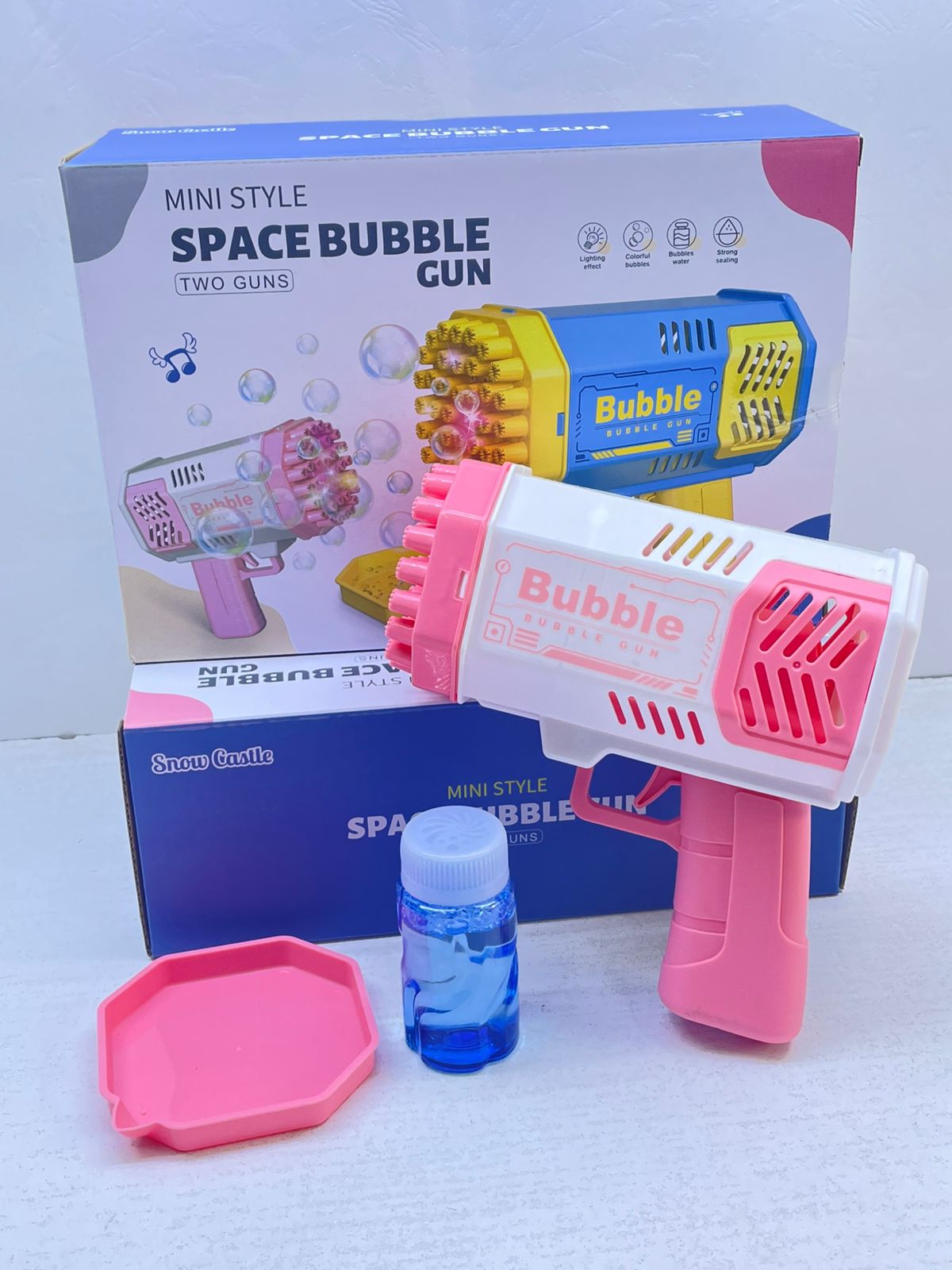 Mini 2 in1 style space bubble gun blaster duo pack complete with bubble solution bottles and protective hexagonal covers for Out-of-Space fun 😂😍