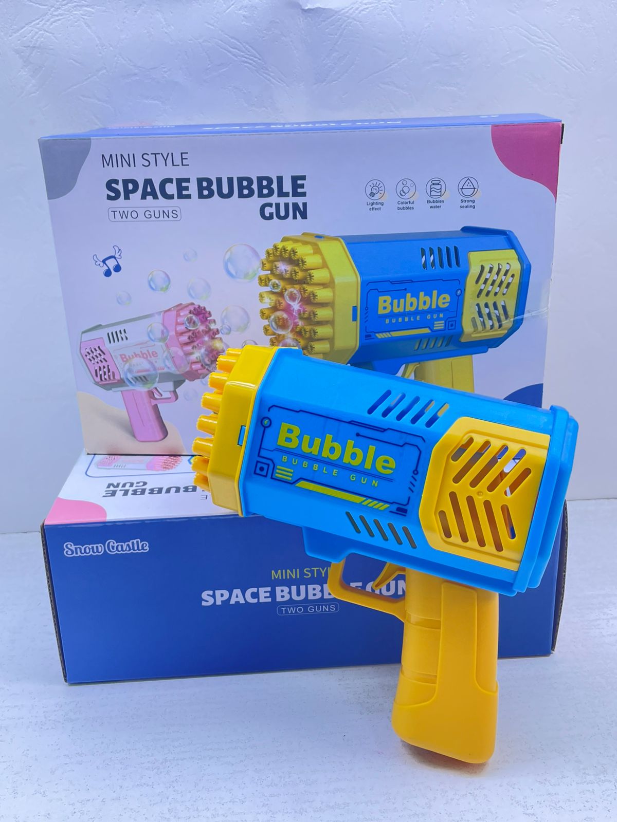 Mini 2 in1 style space bubble gun blaster duo pack complete with bubble solution bottles and protective hexagonal covers for Out-of-Space fun 😂😍