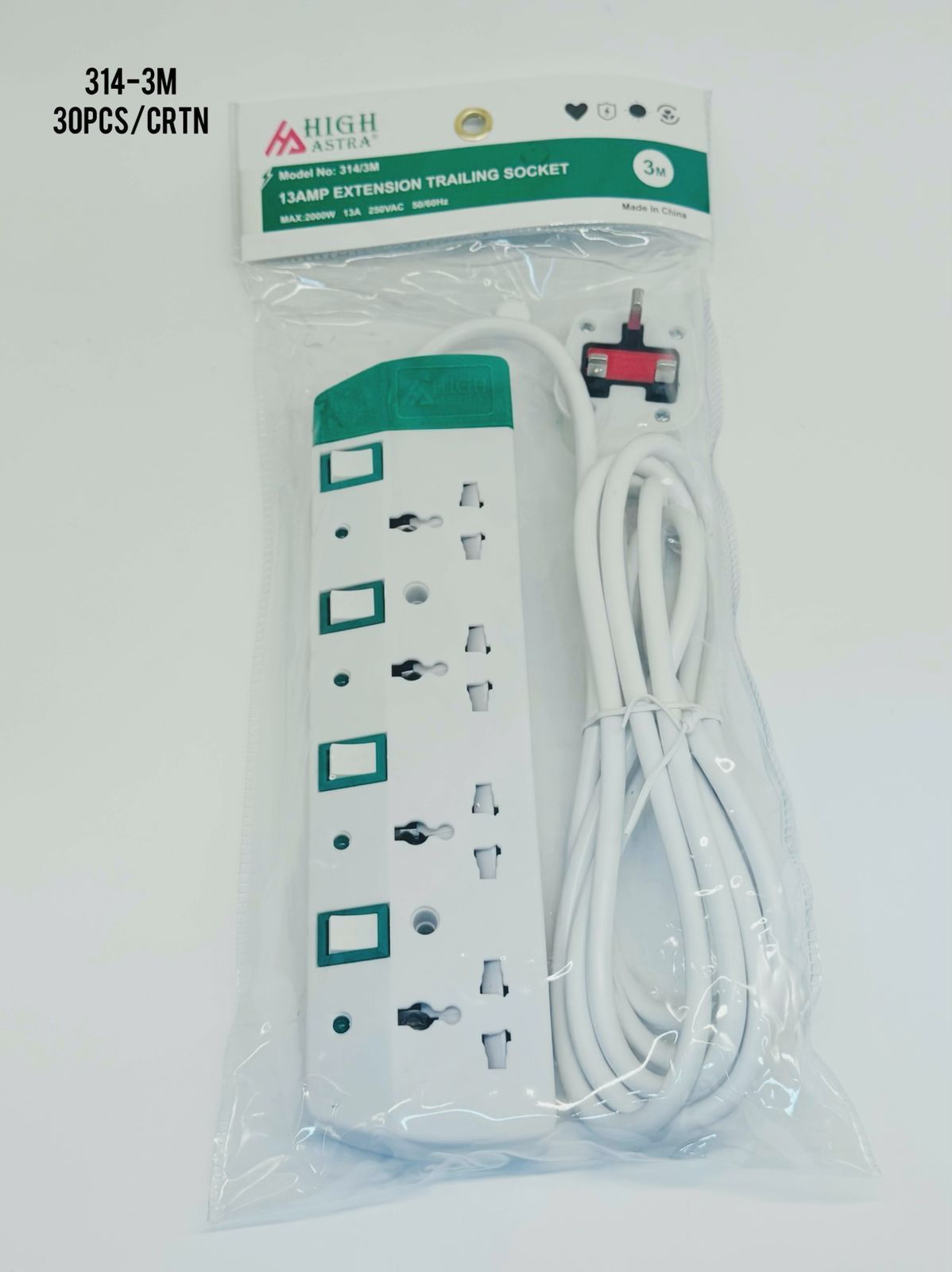 HIGH ASTRA 4-way 13A Heavy-Duty Extension Trailing Socket – 3 Meter Cable, Multi-Socket Power Strip (Model 314-3M) 🔌⚡Power your home and office with confidence using the HIGH ASTRA 13AMP Extension