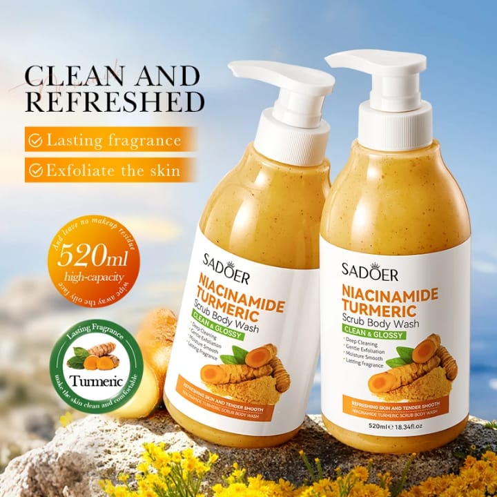 SADOER 🧴 Niacinamide + Turmeric Scrub Body Wash (520ml)Get that clean, smooth, glowing skin with this powerful exfoliating body wash enriched with niacinamide & turmeric 🌿✨