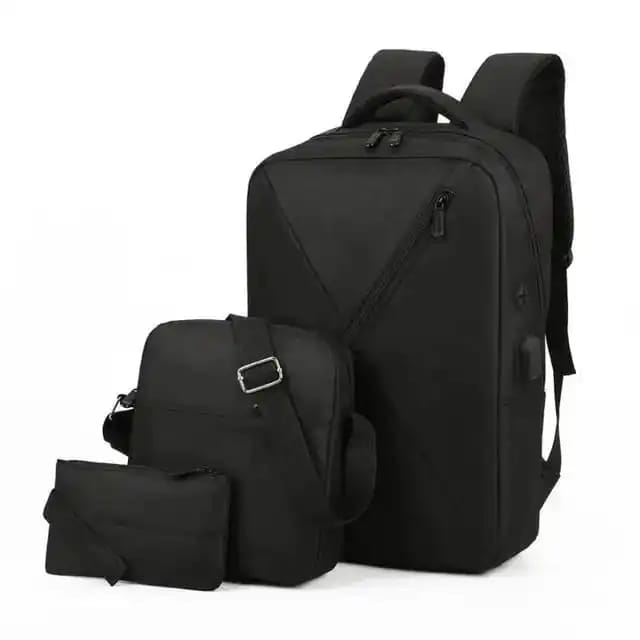 🎒 3-in-1 Backpack Set – Sleek, Smart & Functional Stay organized and stylish with this all-black backpack combo set — perfect for everyday use, travel, and work 🖤✨🎒🎒 Main backpack