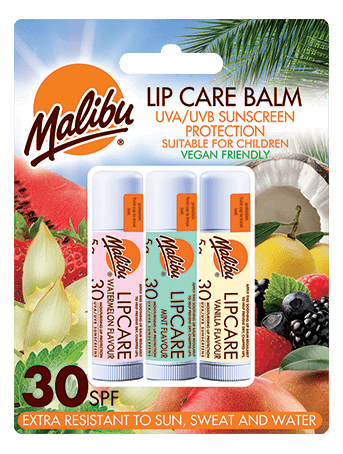 Malibu SPF30 Moisturising Lip Protection from sun, wind or cold. Selection Pack of 3 Flavours