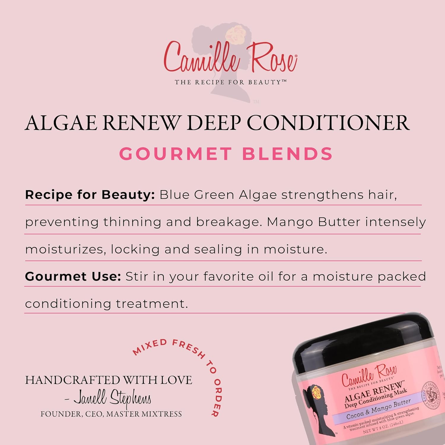 Camille Rose Algae Renew Deep Conditioning Hair Mask with Peppermint, Blue Green Algae & Mango Butter, to Strengthen and Moisturize, for All Hair Types, 8 oz