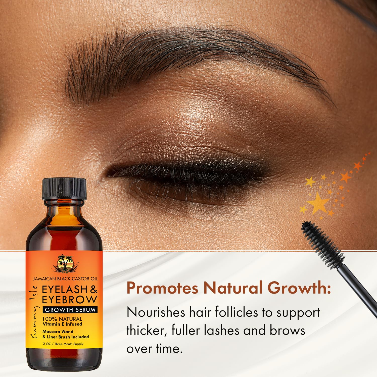 Sunny Isle Jamaican Black Castor Oil Eyelash & Eyebrow Growth Serum -PROMOTES THICKER, FULLER EYEBROWS: Nourishes hair follicles to support thicker, fuller lashes and brows over time