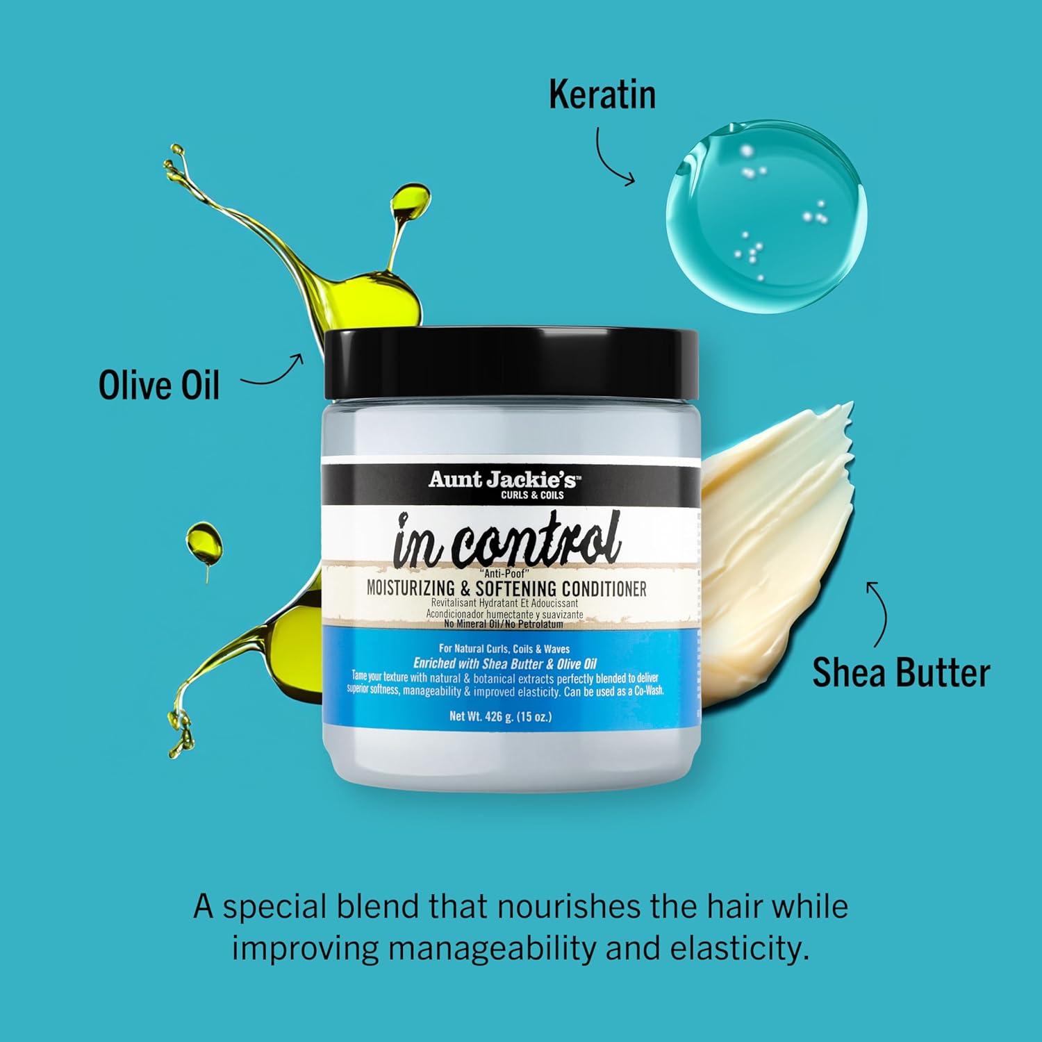 Aunt Jackie's in control 15oz - "Anti-Poof" Moisturizing & Softening Conditioner, Tame, nourish and deep condition frizzy, hard-to-manage dehydrated, brittle, natural hair