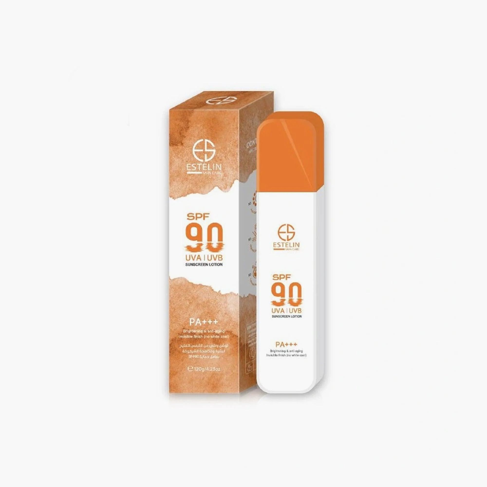 Estelin Brightening & Anti-Aging Sunscreen Lotion SPF90 PA+++ offers robust protection against harmful UVA and UVB rays which are primary contributors to premature skin aging and pigmentation.