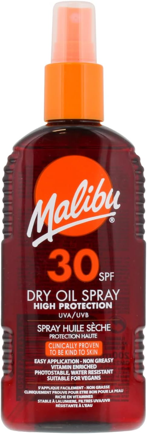 Malibu Sun SPF 30 Non-Greasy Dry Oil Spray, High Protection, Water Resistant-Build a bronzed glowing tan with Malibu’s dry oil tanning spray. Protect your skin against harmful and damaging UV rays wit