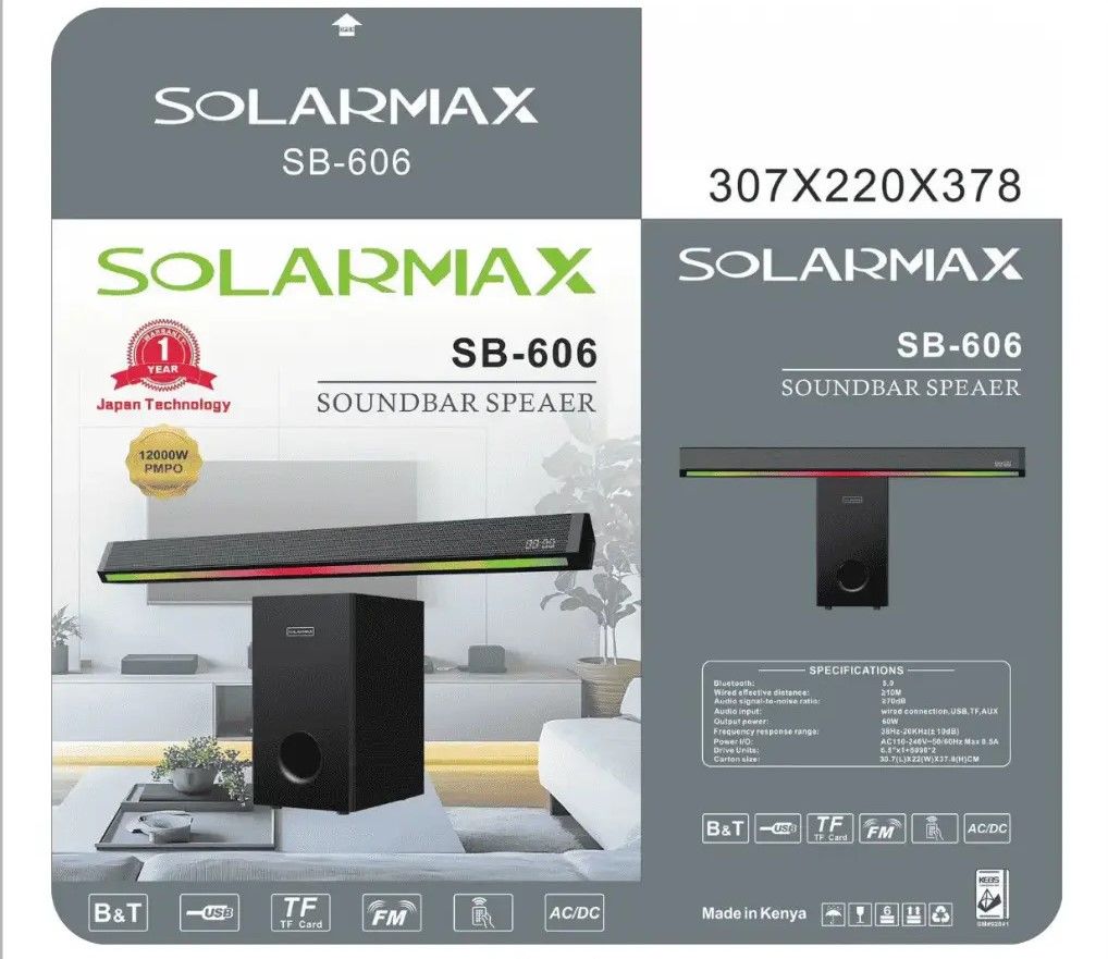 Solarmax SB-606 3.1 -Soundbar Multimedia Speaker System with Wired Subwoofer – 12000W PMPO/Bluetooth Home Theatre