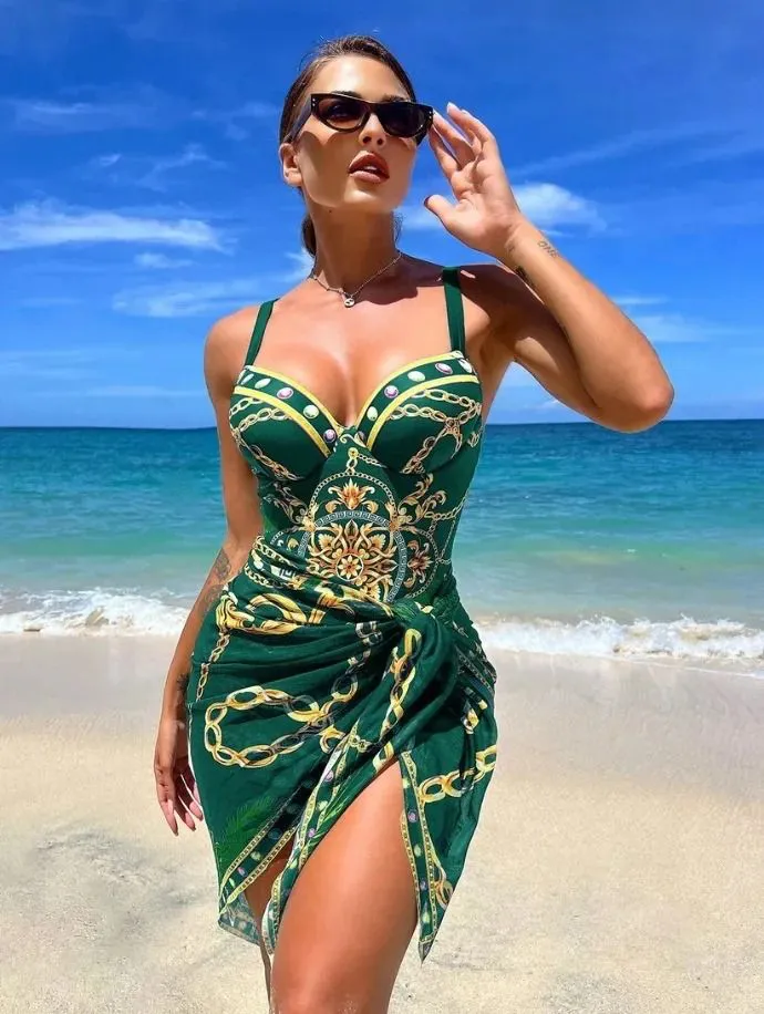 Bikini Swimsuit With Beach Skirt 2024 Swimwear Swimsuits Bathing Suits Sarongs Print Beachwear Biquini
