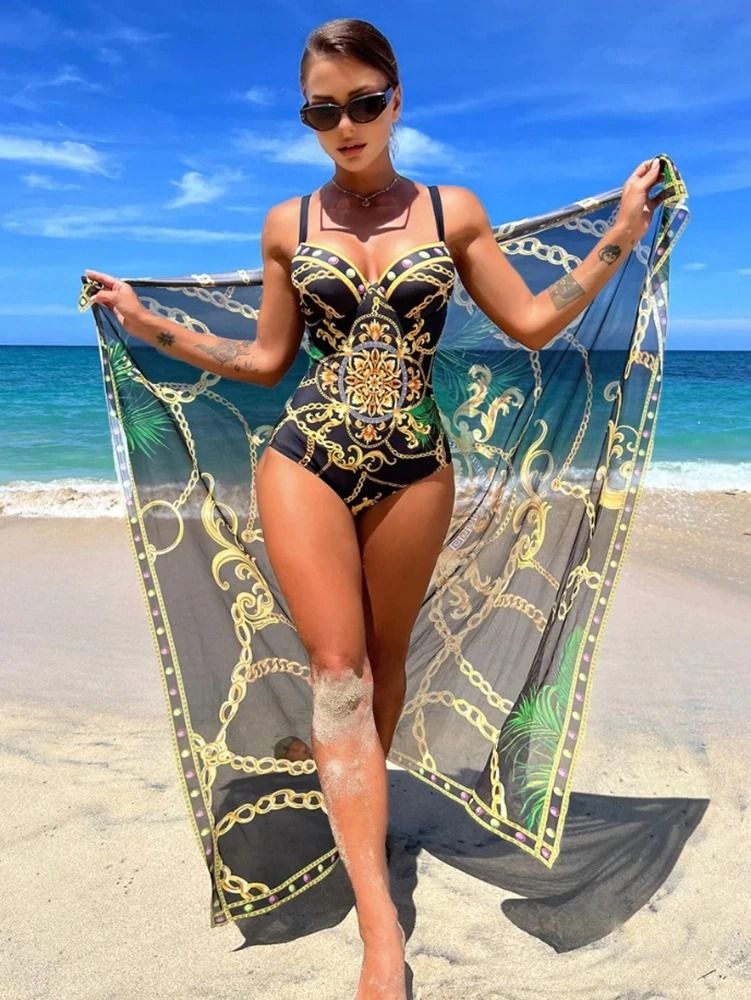 Bikini Swimsuit With Beach Skirt 2024 Swimwear Swimsuits Bathing Suits Sarongs Print Beachwear Biquini
