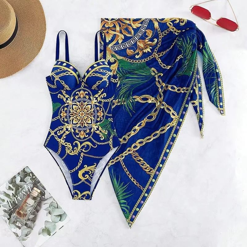 Bikini Swimsuit With Beach Skirt 2024 Swimwear Swimsuits Bathing Suits Sarongs Print Beachwear Biquini