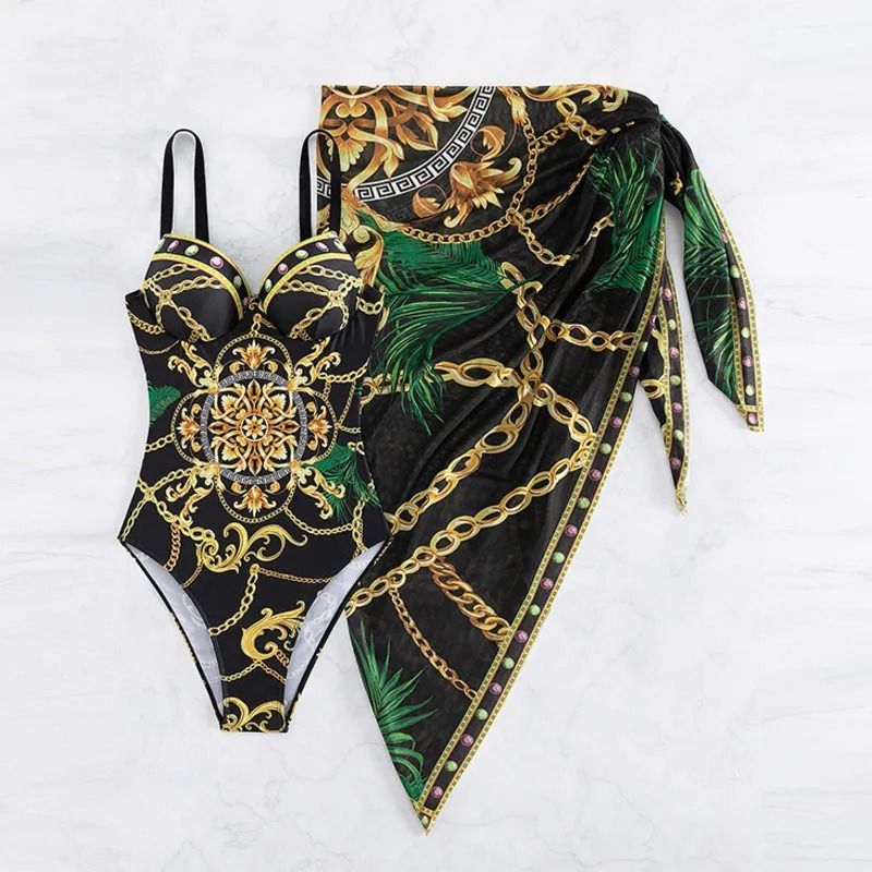 Bikini Swimsuit With Beach Skirt 2024 Swimwear Swimsuits Bathing Suits Sarongs Print Beachwear Biquini