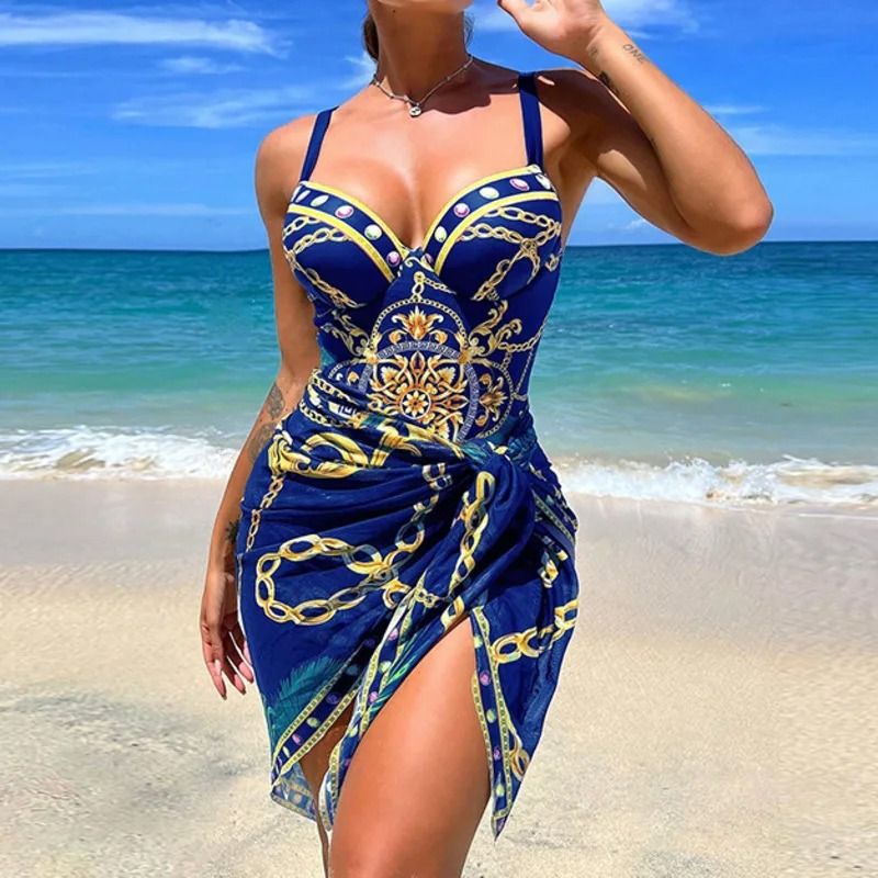 Bikini Swimsuit With Beach Skirt 2024 Swimwear Swimsuits Bathing Suits Sarongs Print Beachwear Biquini