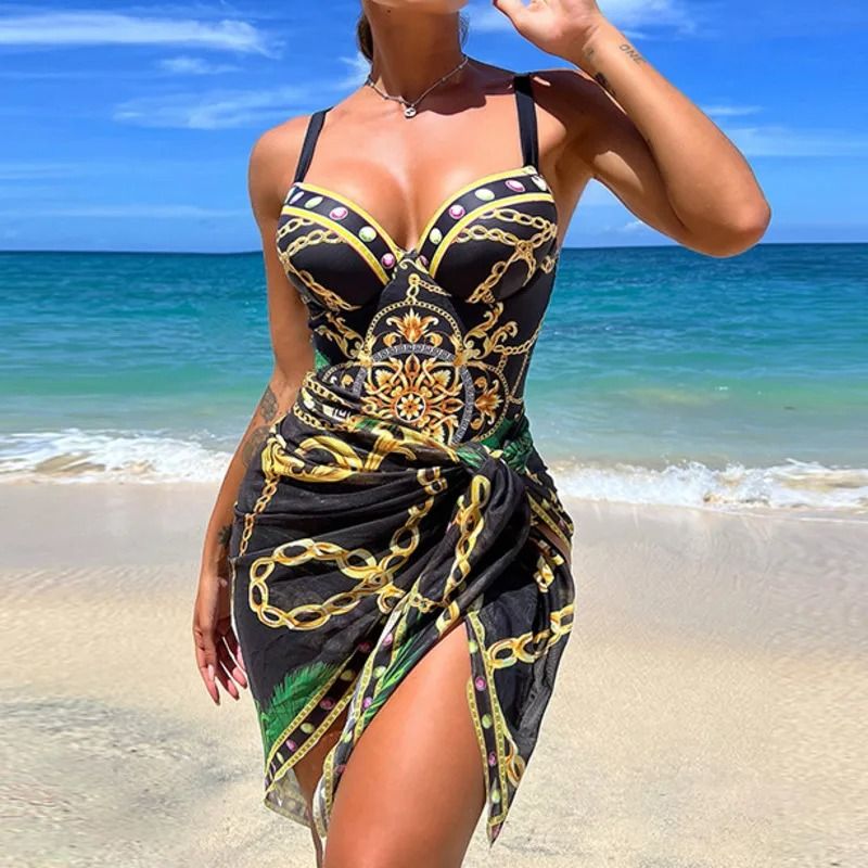 Bikini Swimsuit With Beach Skirt 2024 Swimwear Swimsuits Bathing Suits Sarongs Print Beachwear Biquini