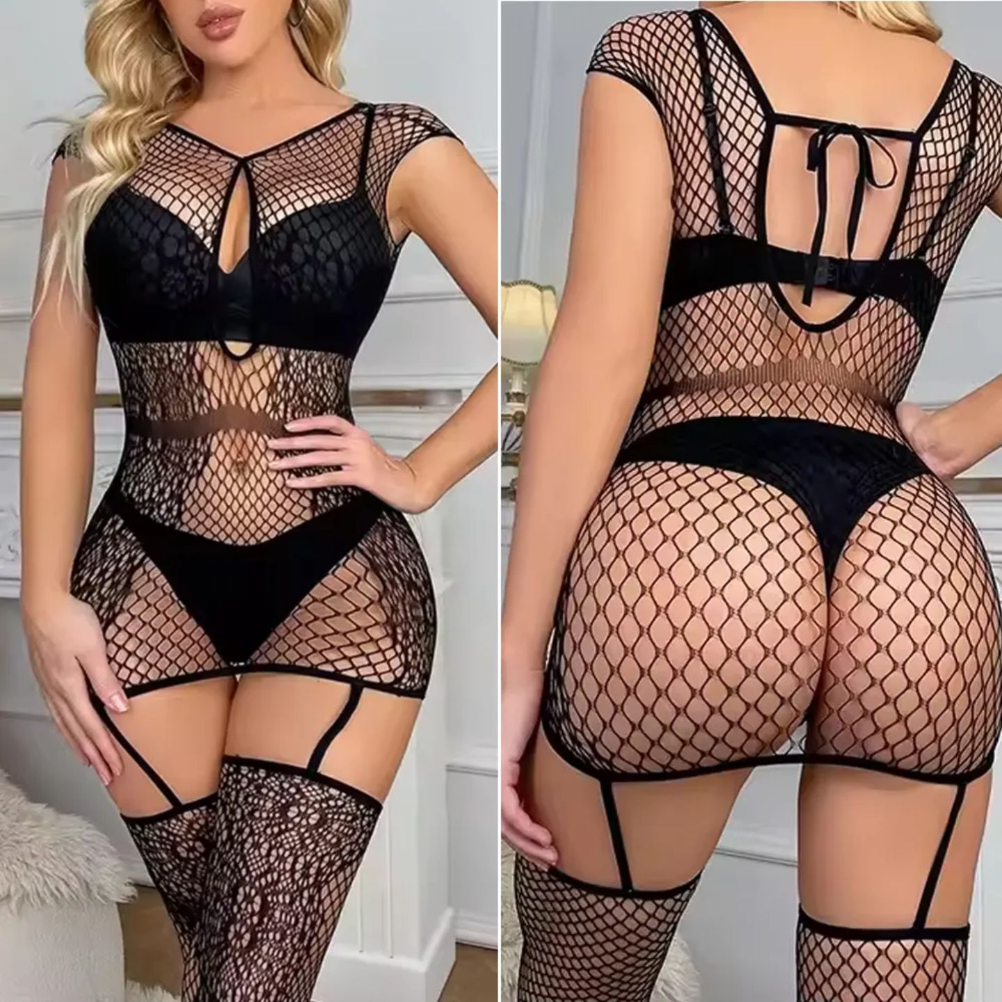 Luxe Mesh & Fishnet Garter Bodystocking – Bold Cutout Lingerie – UK Sizes 4–20 – Black Only